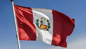 Digital Composing Of A Flag Prints: The flag of Peru flutters in the wind