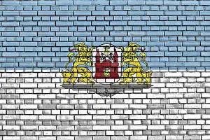 European City Flags Prints: Flag of Riga painted on brick wall