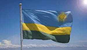 Blue Sky Background Images Prints: The flag of Rwanda, fluttering in the wind