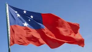 National Colors Blue White Red Prints: The flag of Samoa, fluttering in the wind