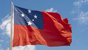 National Colors Blue White Red Prints: The flag of Samoa, fluttering in the wind