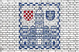 Brick Wall Pattern Prints: Flag of Split painted on brick wall