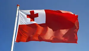 Blue Sky With Flapping Flag Prints: The flag of Tonga, fluttering in the wind