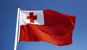 Blue Sky With Flapping Flag Prints: The flag of Tonga, fluttering in the wind
