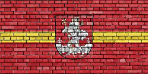 Prints of Flag of Vilnius painted on brick wall Lithuania Prints: Flag of Vilnius Painted on Brick Wall Print