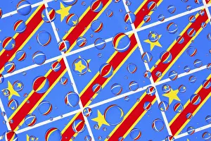 Prints of Flags of Democratic Republic of the Congo, behind a glass covered with rain drops.Pattern from Democratic Republic of the Congo flags.3D illustration Brazzaville Prints: Democratic Republic of the Congo Flag Print with Raindrop Effect