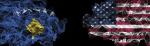 Prints of Flags of Kosovo and USA on Black background, Kosovo vs USA Smoke Flags Kosovo Prints: Flags of Kosovo and USA on Black Background Print