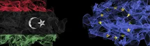 Prints of Flags of Libya and EU on Black background, Libya vs Europe Union Smoke Flags Related Prints: Libya and EU Flags Print on Black Background