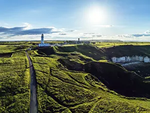 Drone Shot Of Lighthouse Prints: Flamborough Lighthouse and Cliffs from a drone