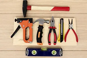 Construction Site Tools Prints: Flat lay arrangement tools carpentry