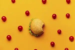 Gastronomy Concept Prints: Flat lay burger with cherry tomatoes