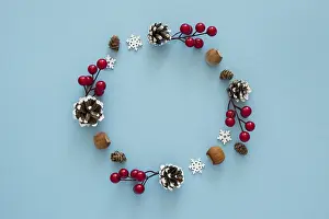 Ornate Decorative Item Prints: Flat lay cute winter wreath elements