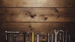 Wooden Background Images Prints: Flat lay with various work tools on wooden background working table