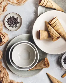 Rustic Country Style Baked Goods Prints: A flat lay of empty waffle cones