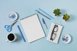 View From Above Desk Prints: Flat lay workspace arrangement