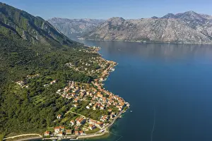 Prints of Flying over Kotor bay and small mediterranean town between mountains, Montenegro Montenegro Prints: Flying over Kotor Bay Print, Montenegro
