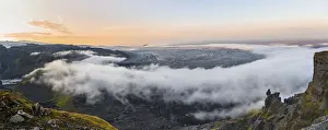 Steep Cliff Landscape Photography Prints: Fog between the cliffs, clouds moving around