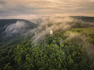 Peaceful Forest Atmosphere Prints: Fog envelops tower and forests