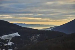 Sunset Atmosphere In Europe Prints: Fog lying in a valley at sunset