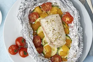Cod Prints: Foil Pack Dinner with White Fish Print - Blue Background