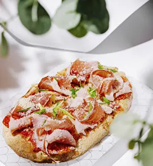 Salami Sausage Appetizer Prints: Food, An appetizing flatbread features layers of prosciutto