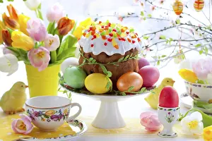 Easter Cake Prints: Food, Easter cake and colourful eggs on festive Easter table