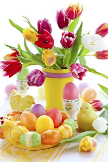 Colorful Easter Eggs Prints: Food, Easter table decorations with tulips and easter eggs