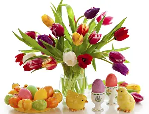 Easter Meal Inspiration Prints: Food, Easter table decorations with tulips and easter eggs