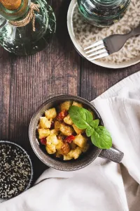 Table Top Food Photography Prints: Food, White bread pudding with egg