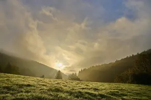 Cloudy Sky With Mountains Prints: Forest, valley, meadow, clouds