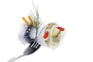 Vegetable Food Photography Prints: Fork holding rollmops