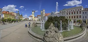 Historic City Centre Slovakia Prints: Fountain on the main square behind the clock tower