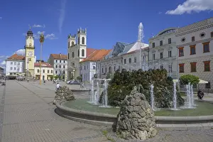 Central Europe Historic Quarter Image Prints: Fountain on the main square behind the clock tower