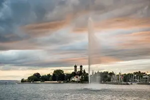Lake Constance Sunset Prints: Fountain and thunderclouds at sunset