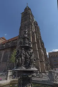 Europe's Sacred Buildings Prints: Fountain of Virtue, Lorenzkirche in the back