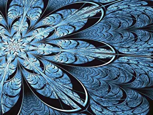 Digital Art Prints: Fractal Flower Print - Blue Mosaic Design
