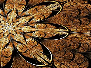 Digital Art Prints: Fractal Flower Print - Golden Mosaic Design