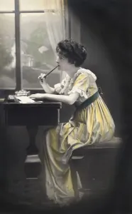 Vintage German Illustration Prints: Frau thinks and writes a letter