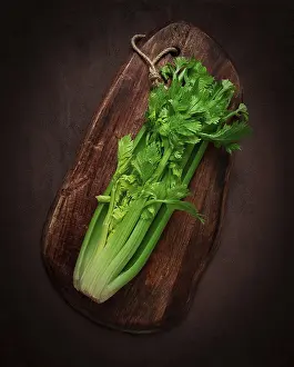 Dark Background Vegetables Prints: Fresh bunch of celery, top view