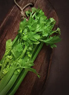 Raw Food Ingredients Prints: Fresh bunch of celery, top view