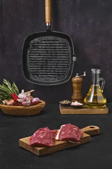 Grilled Meat Dish Prints: Fresh lamb steak on kitchen table