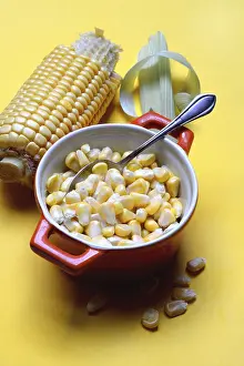 Sweet Corn Photography Prints: Fresh maize kernels in pots and cobs