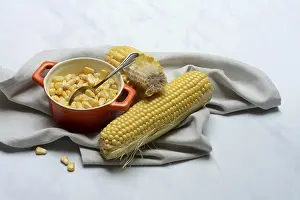 Sweet Corn Photography Prints: Fresh maize kernels in pots and cobs