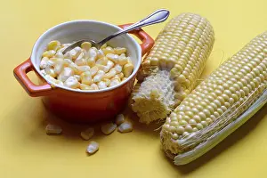Sweet Corn Photography Prints: Fresh maize kernels in pots and cobs