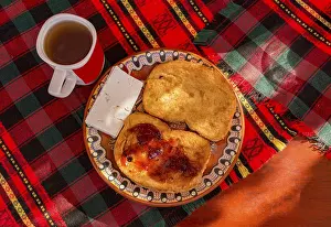 Baked Goods Photography Prints: Fried bread slices with cheese and tea on table