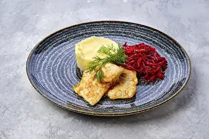Gastronomy Food Images Prints: Fried hake in breading with mashed potato and roasted beetroot