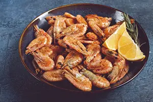 Blue Background Food Photography Prints: Fried shrimp, with shell and head