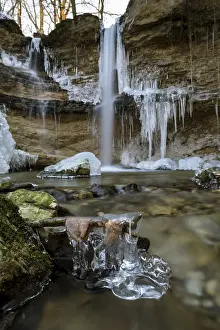 Central Europe Winter Scene Prints: A frozen waterfall flows over rocks