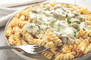 Parmesan Cheese Sauce Prints: Fusilli pasta, with champignons