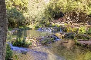 Light And Shadow Photography Prints: Gentle waterfall on a river surrounded by trees